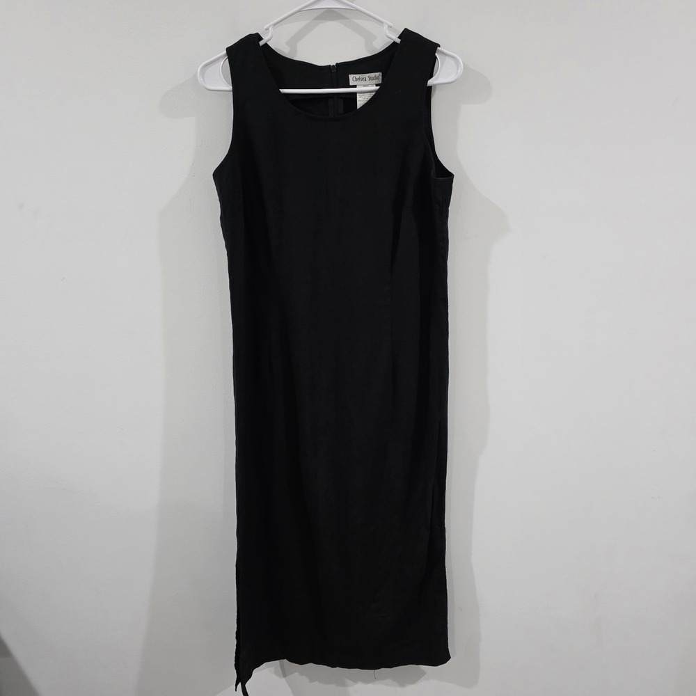 Womens Linen Blend Midi Dress Size 10 Petite Black Minimalist Beach Summer Coast